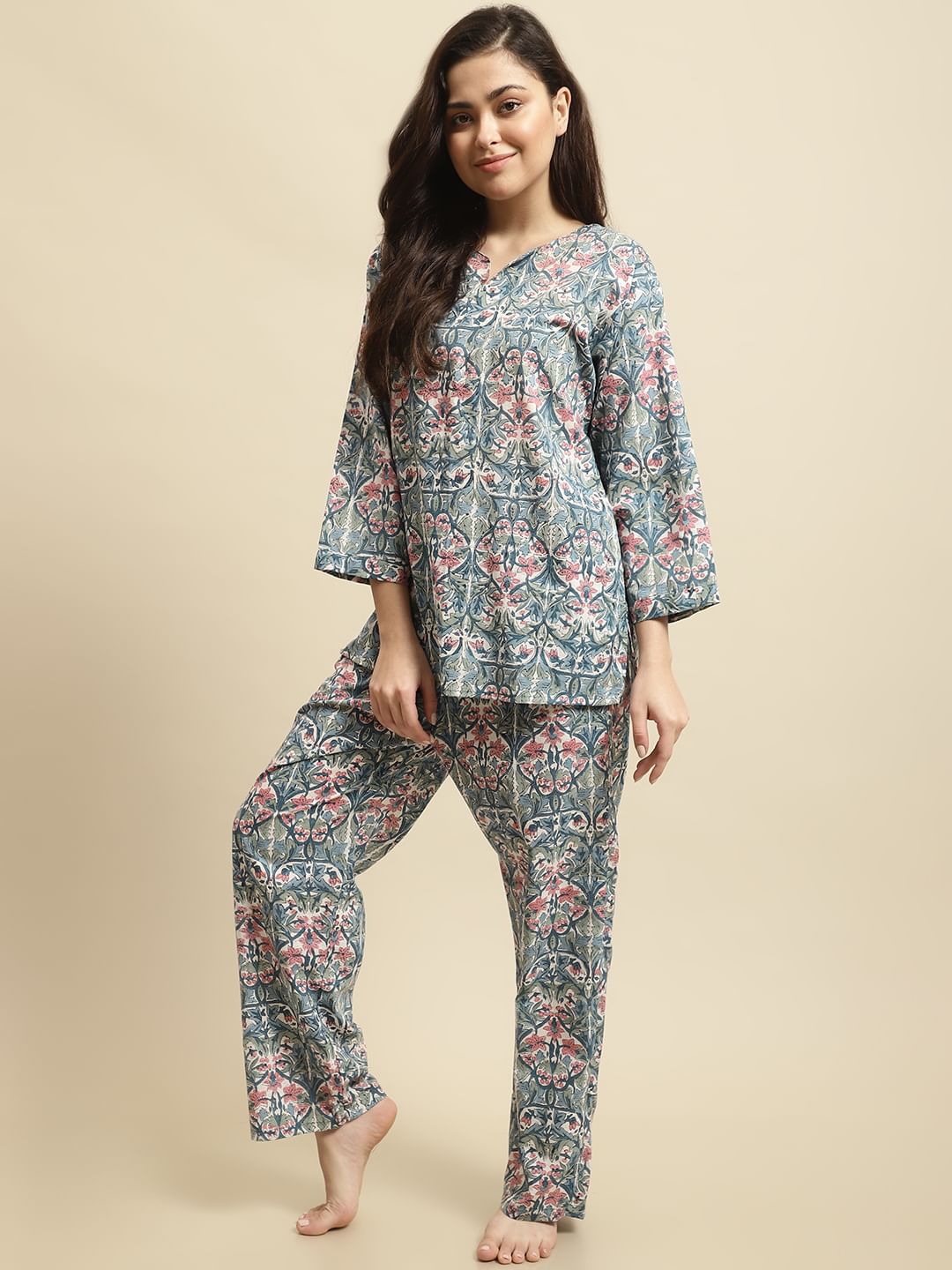 Blue Sanganeri Block Print Co-ord Night Suit