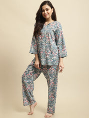 Blue Sanganeri Block Print Co-ord Night Suit