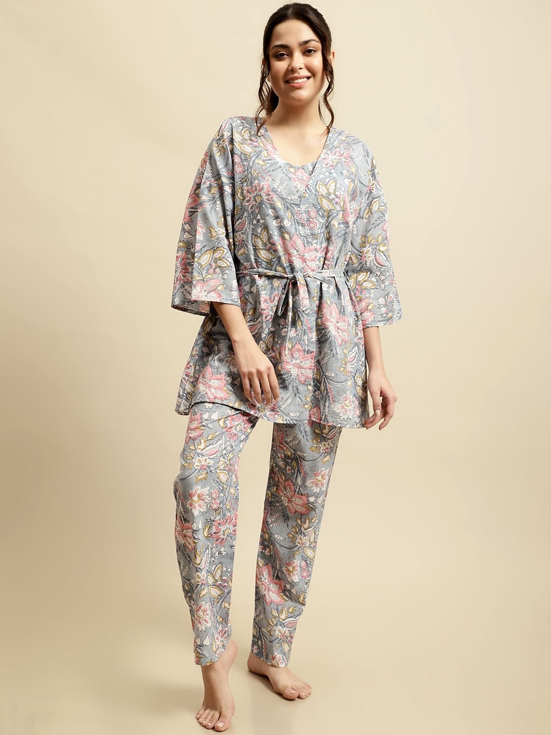 Grey & Pink Jaipuri Floral Block Print 3 Piece Night Suit