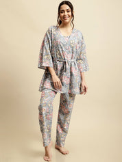 Grey & Pink Jaipuri Floral Block Print 3 Piece Night Suit