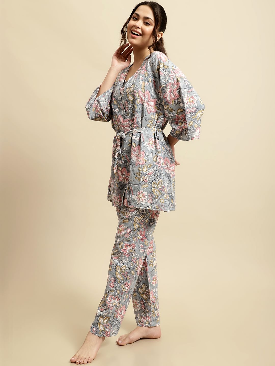 Grey & Pink Jaipuri Floral Block Print 3 Piece Night Suit