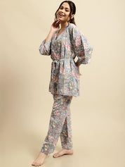 Grey & Pink Jaipuri Floral Block Print 3 Piece Night Suit
