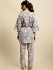 Grey & Pink Jaipuri Floral Block Print 3 Piece Night Suit
