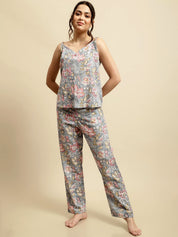 Grey & Pink Jaipuri Floral Block Print 3 Piece Night Suit