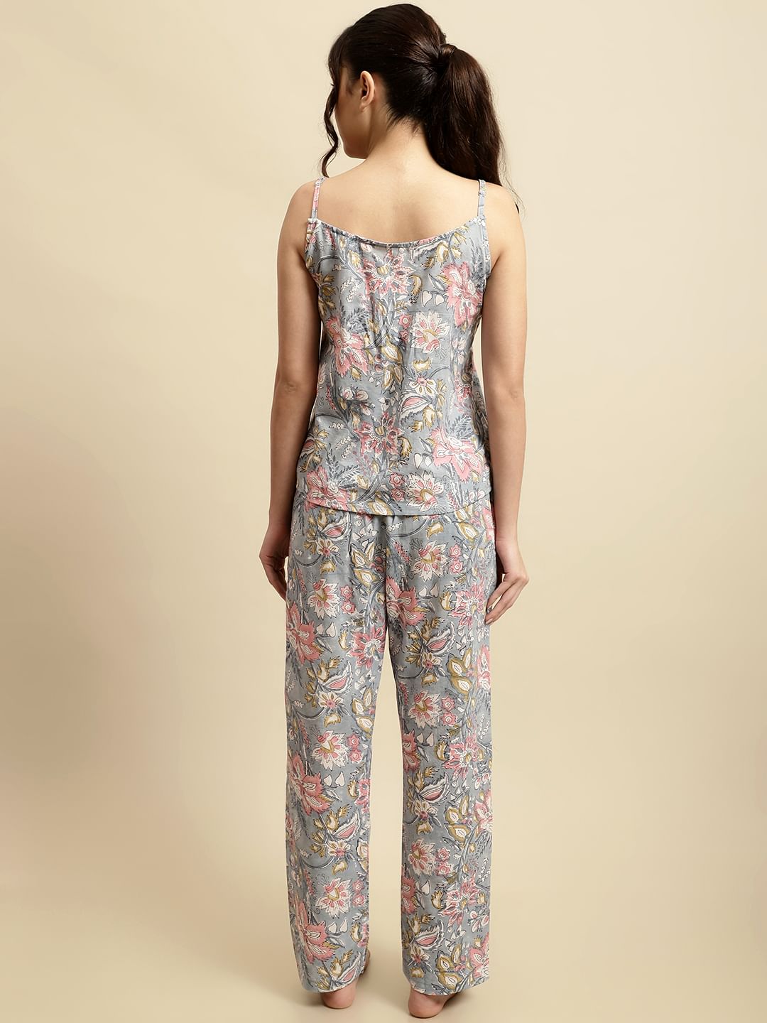 Grey & Pink Jaipuri Floral Block Print 3 Piece Night Suit