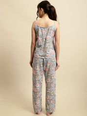 Grey & Pink Jaipuri Floral Block Print 3 Piece Night Suit