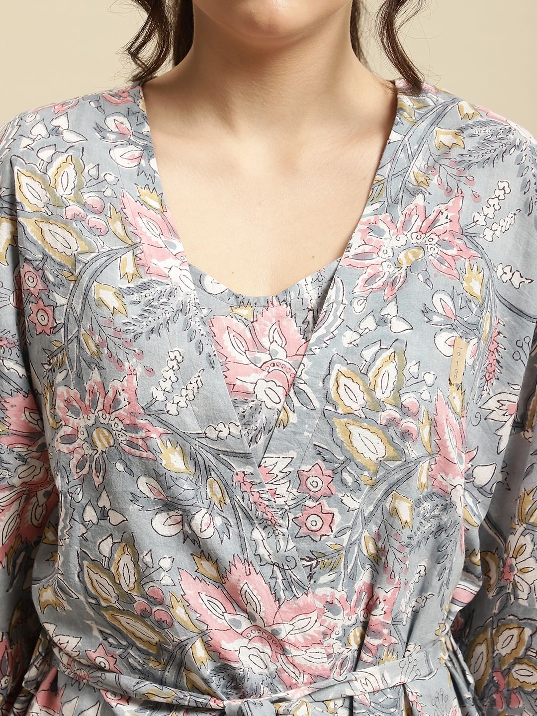 Grey & Pink Jaipuri Floral Block Print 3 Piece Night Suit