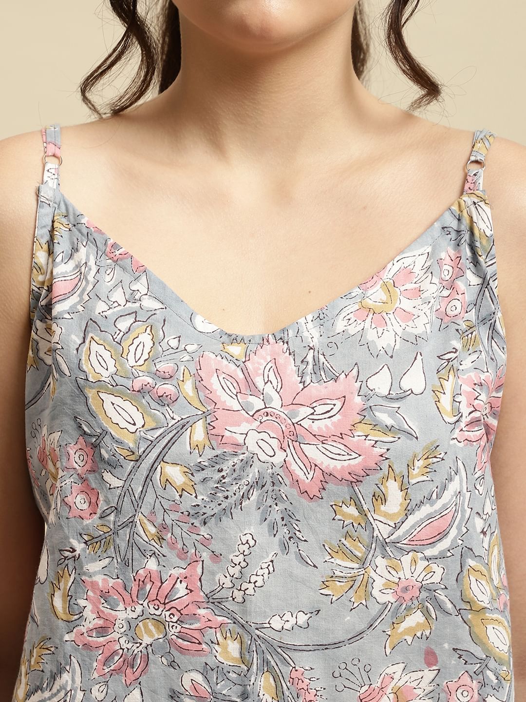 Grey & Pink Jaipuri Floral Block Print 3 Piece Night Suit