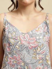 Grey & Pink Jaipuri Floral Block Print 3 Piece Night Suit