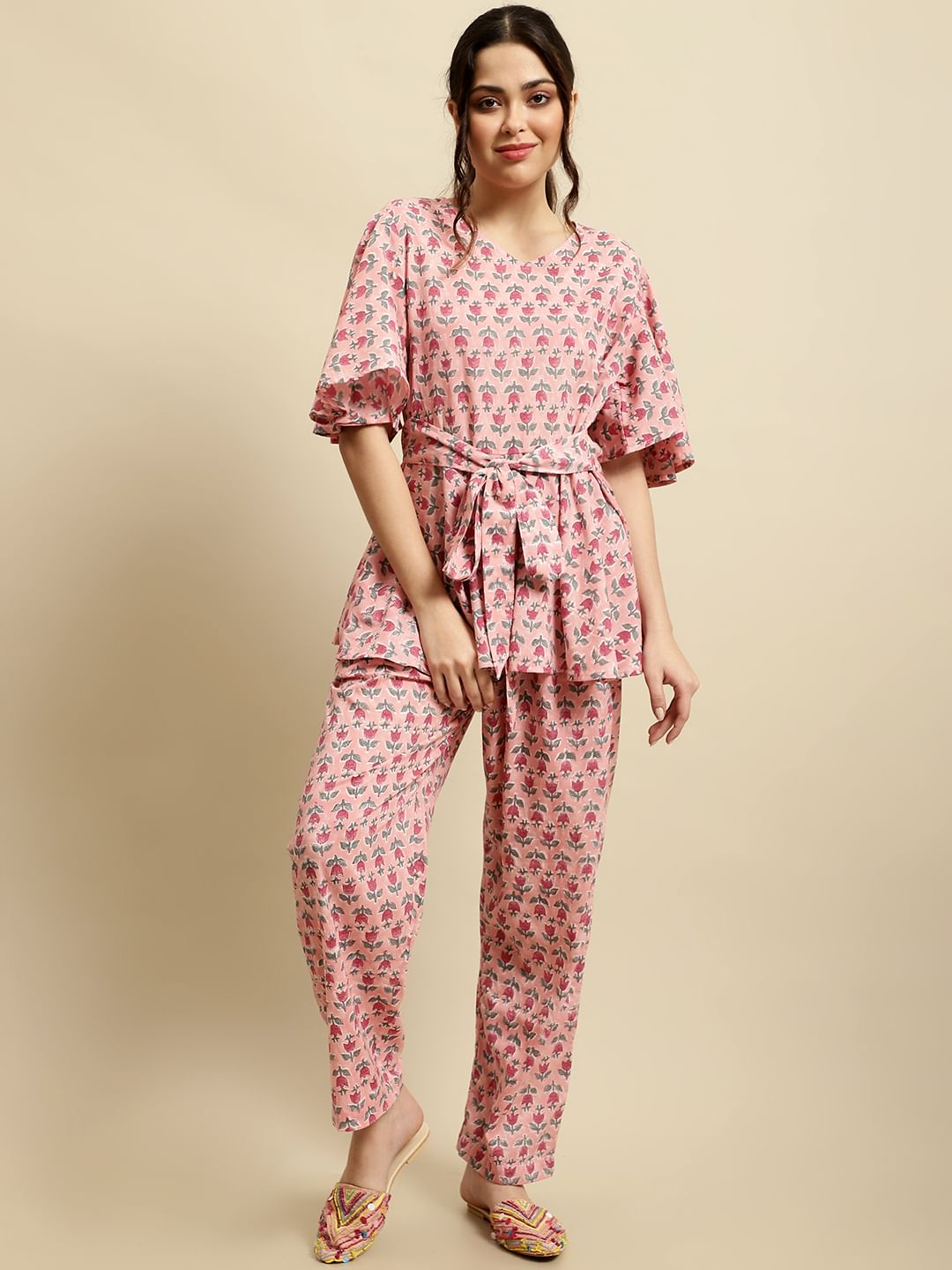 Pink Handblock Floral Print Co-Ord Set