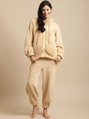 Beige Faux Fur Winter Night Suit