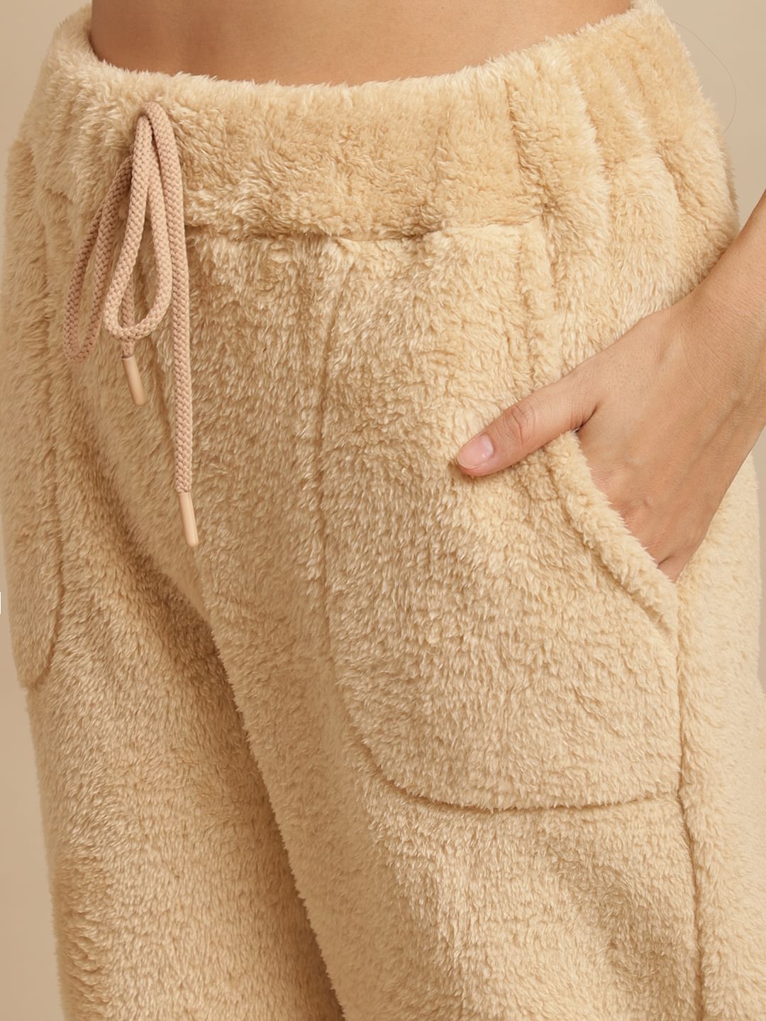 Beige Faux Fur Winter Night Suit