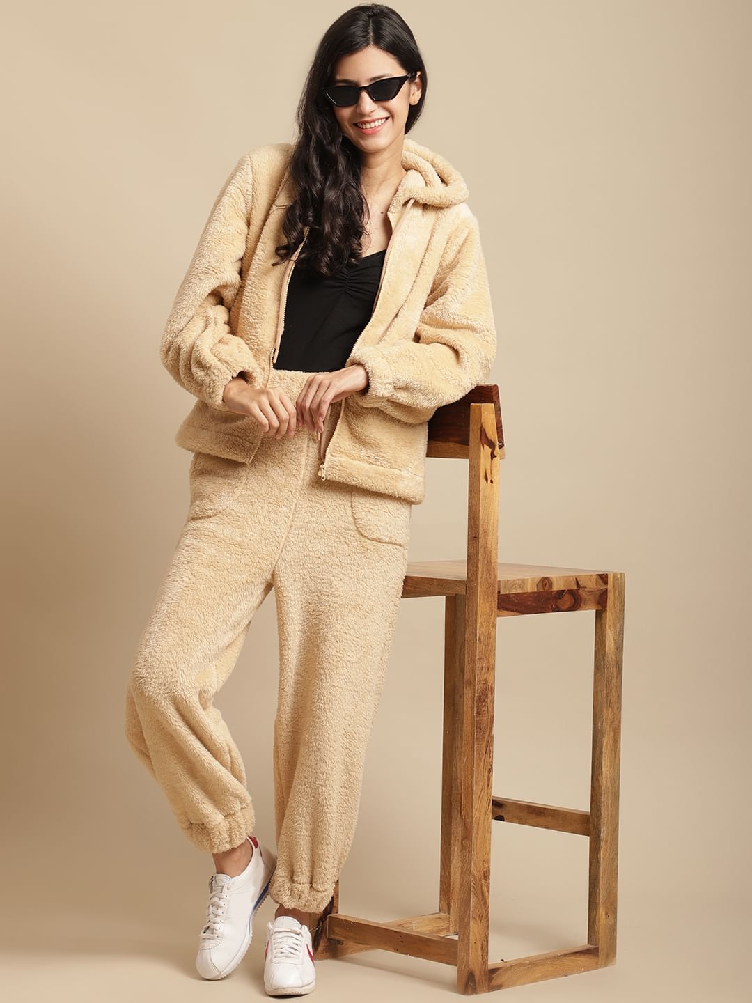 Beige Faux Fur Winter Night Suit
