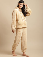 Beige Faux Fur Winter Night Suit