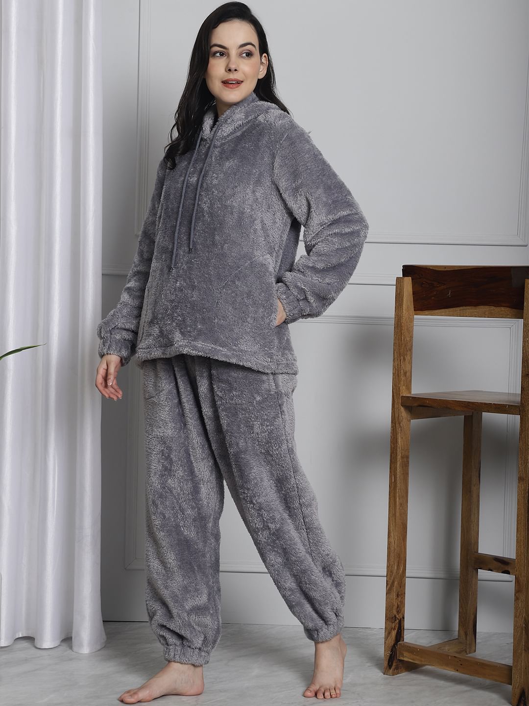 Grey Faux Fur Winter Night Suit