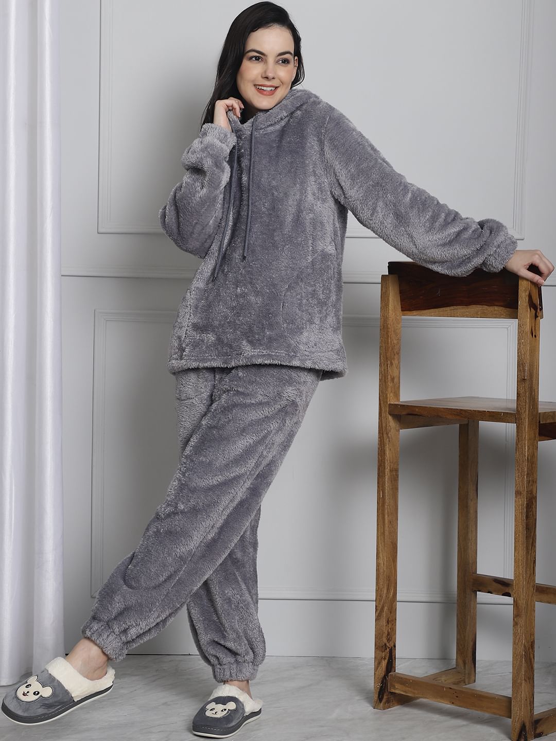 Grey Faux Fur Winter Night Suit