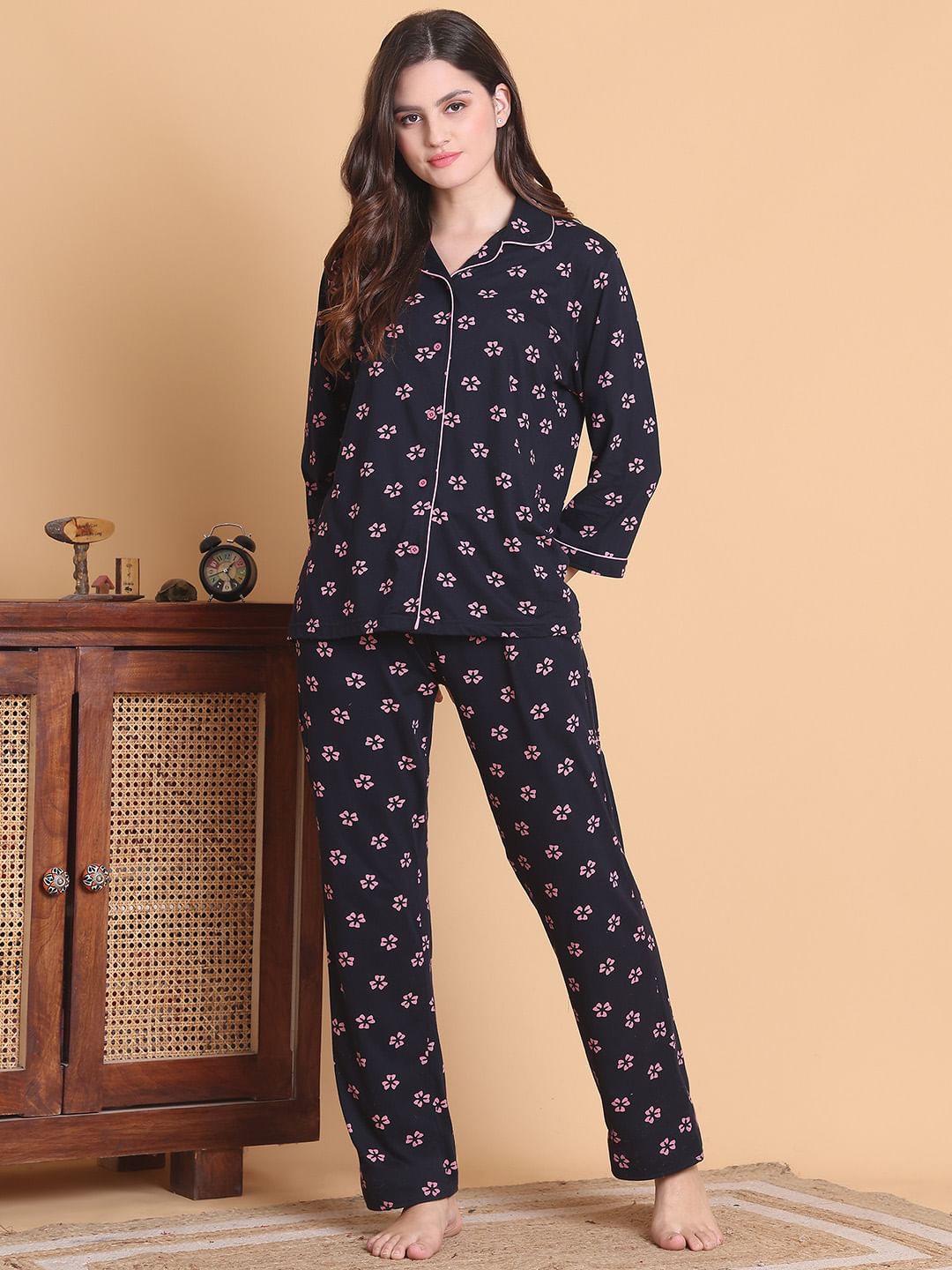 Secret Wish Navy Blue Floral Hosiery Regular Length Night Suit