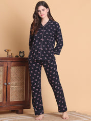 Secret Wish Navy Blue Floral Hosiery Regular Length Night Suit