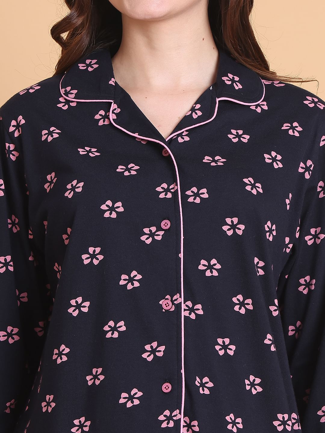 Secret Wish Navy Blue Floral Hosiery Regular Length Night Suit