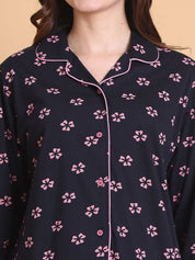 Secret Wish Navy Blue Floral Hosiery Regular Length Night Suit