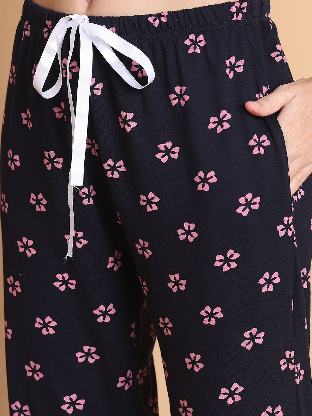 Secret Wish Navy Blue Floral Hosiery Regular Length Night Suit