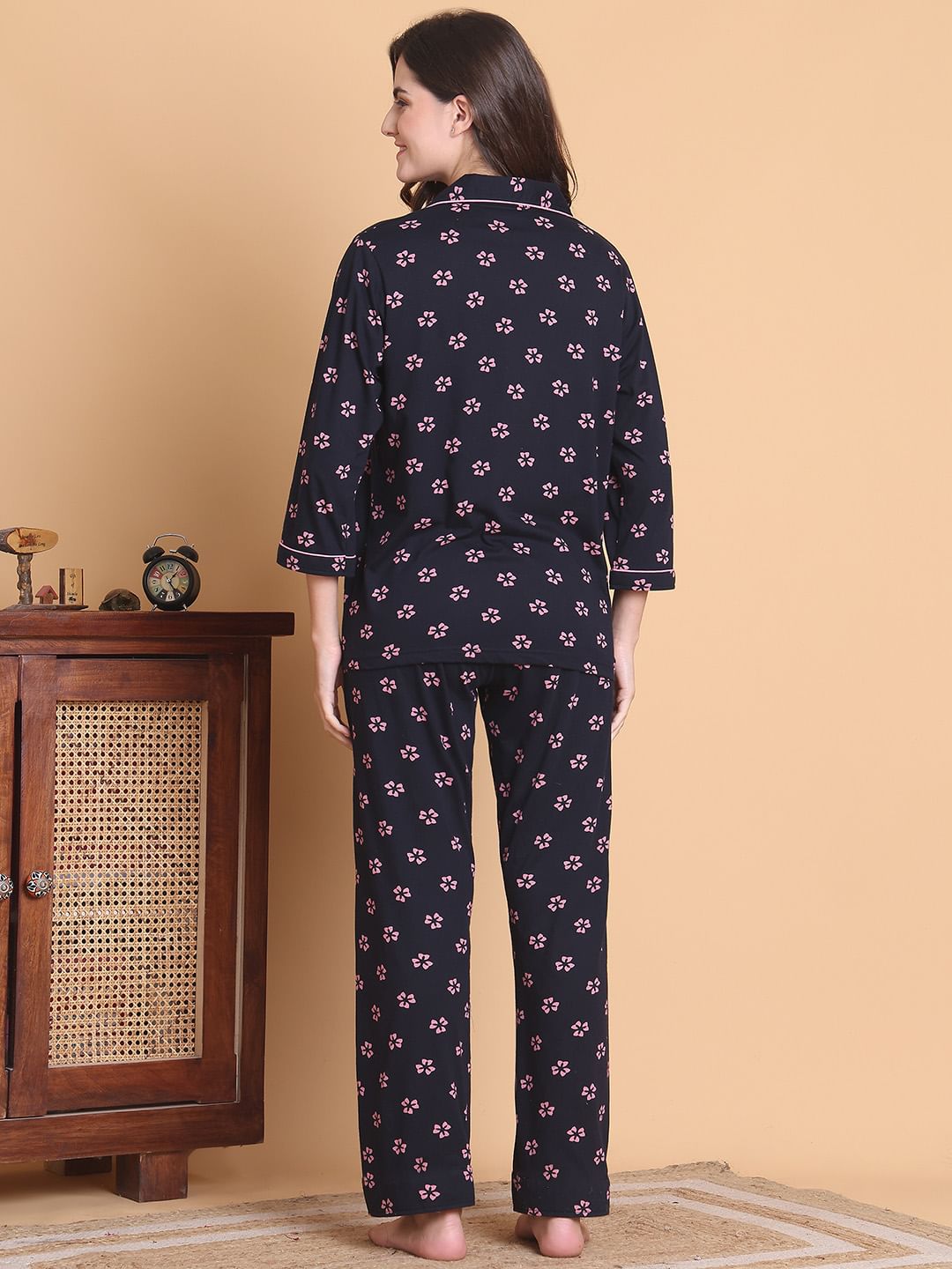 Secret Wish Navy Blue Floral Hosiery Regular Length Night Suit