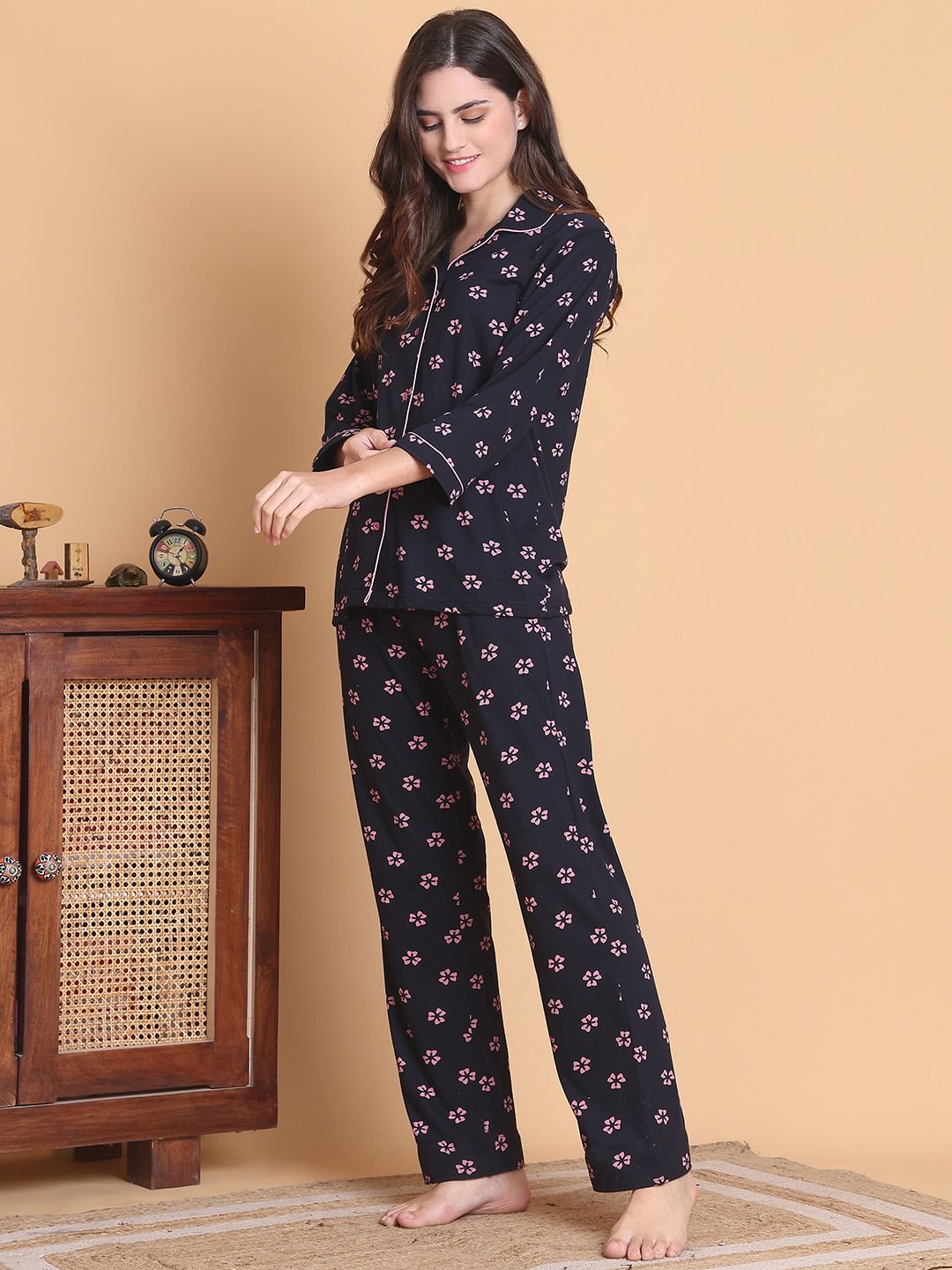 Secret Wish Navy Blue Floral Hosiery Regular Length Night Suit