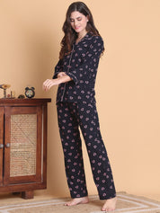 Secret Wish Navy Blue Floral Hosiery Regular Length Night Suit