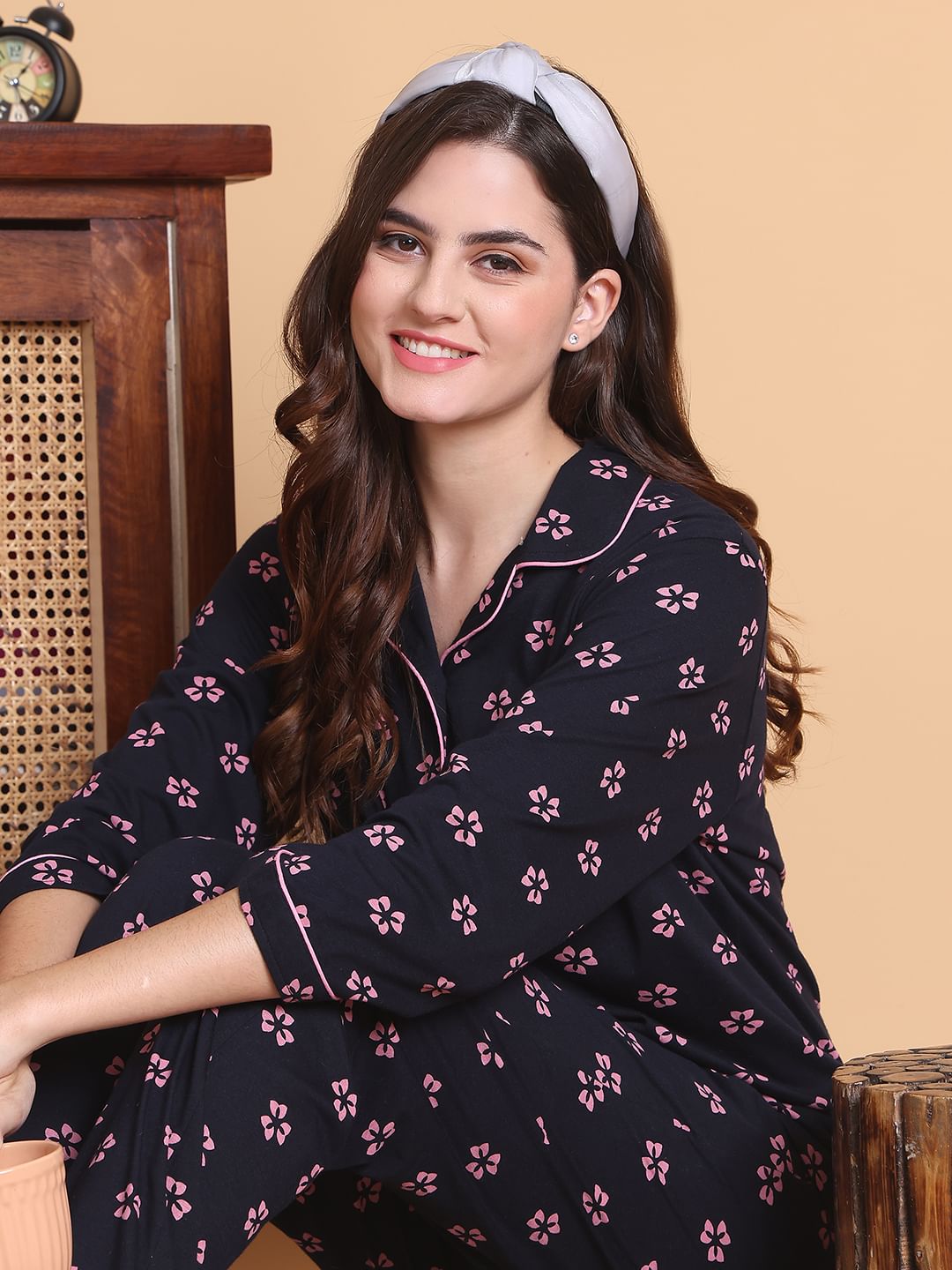 Secret Wish Navy Blue Floral Hosiery Regular Length Night Suit