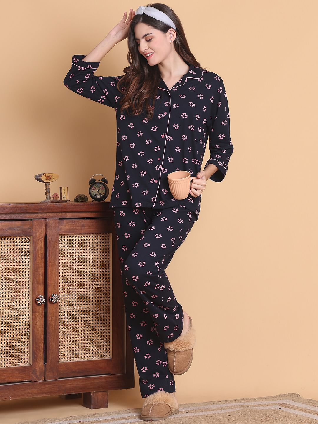 Secret Wish Navy Blue Floral Hosiery Regular Length Night Suit