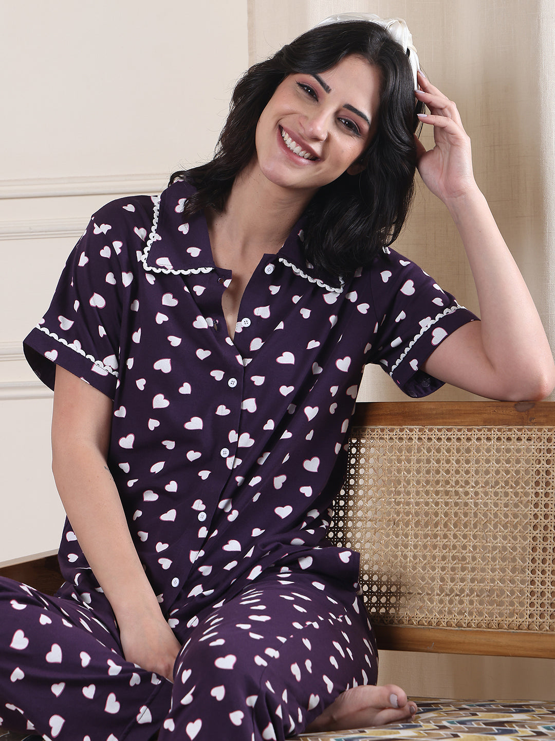 Violet Heart Print Hosiery Night Suit