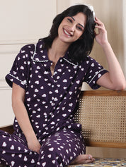 Violet Heart Print Hosiery Night Suit