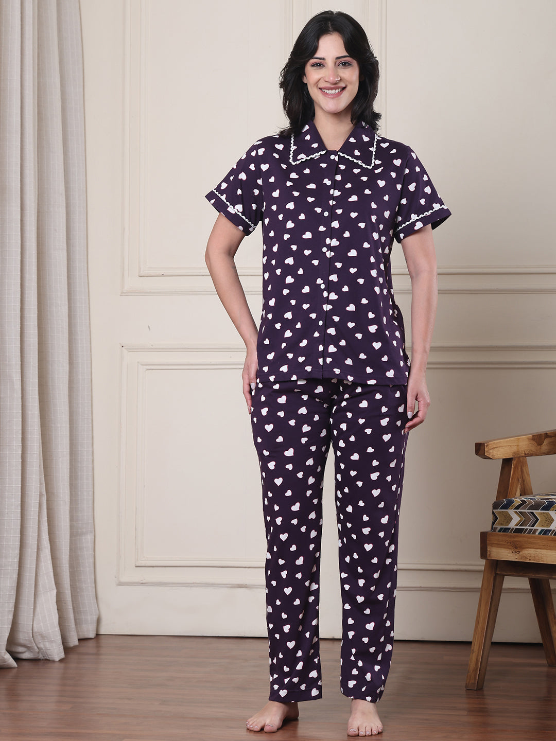 Violet Heart Print Hosiery Night Suit