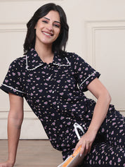 Dark Blue Printed Hosiery Night Suit