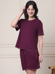 Maroon Solid Hosiery Night Suit