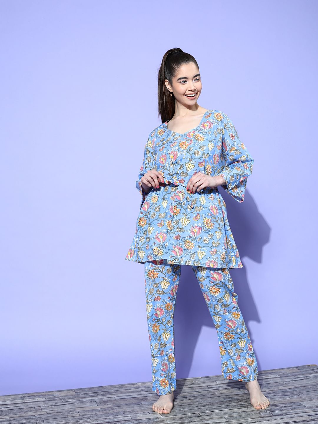Sky Blue Floral Printed Nightsuit with Shrug