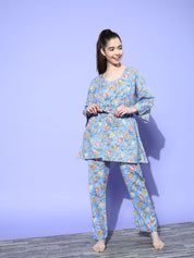 Sky Blue Floral Printed Nightsuit with Shrug