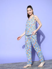 Sky Blue Floral Printed Nightsuit with Shrug