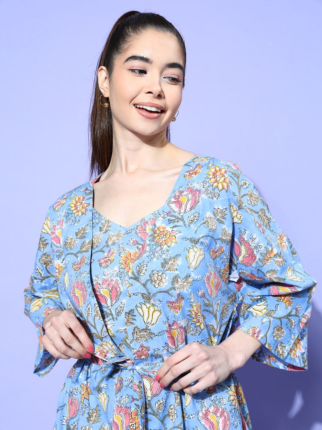 Sky Blue Floral Printed Nightsuit with Shrug