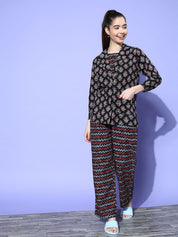 Black Floral Printed Night suit with Shrug