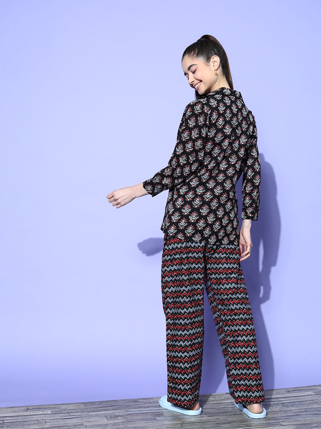 Black Floral Printed Night suit with Shrug