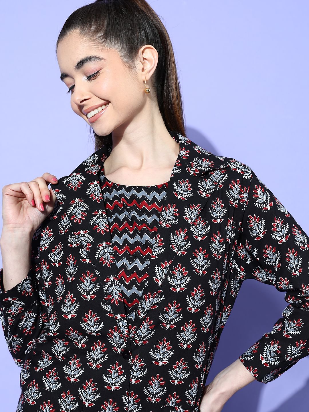 Black Floral Printed Night suit with Shrug