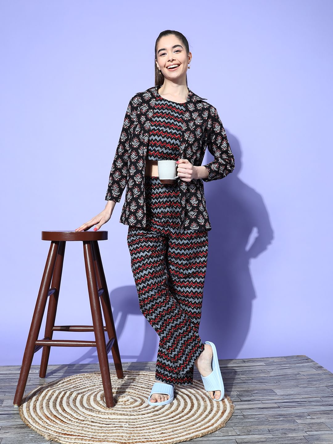 Black Floral Printed Night suit with Shrug