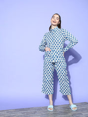White and Blue Elephant Printed Night Suit