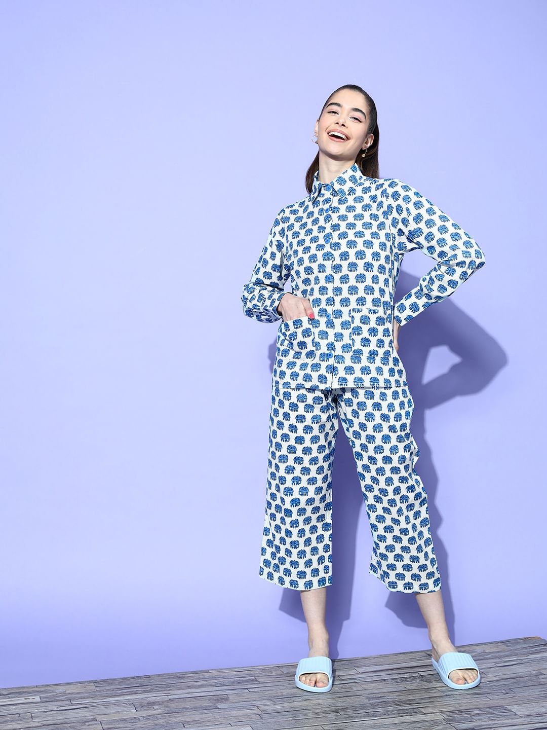 White and Blue Elephant Printed Night Suit - Main Image