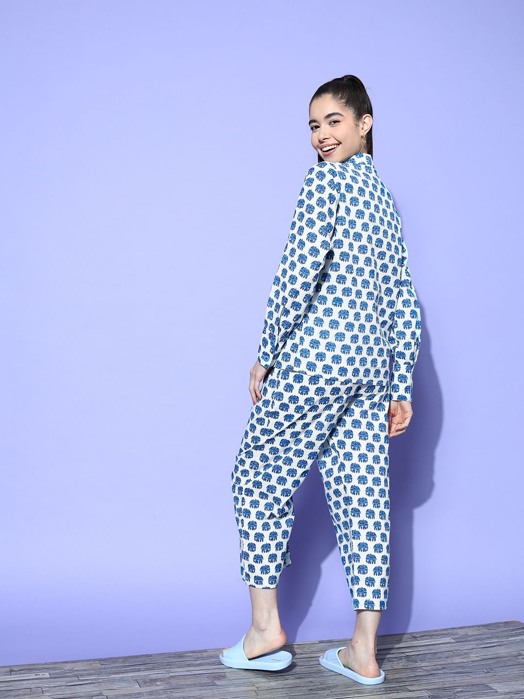 White and Blue Elephant Printed Night Suit