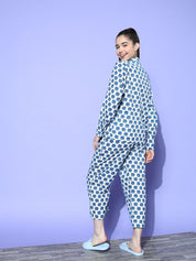 White and Blue Elephant Printed Night Suit