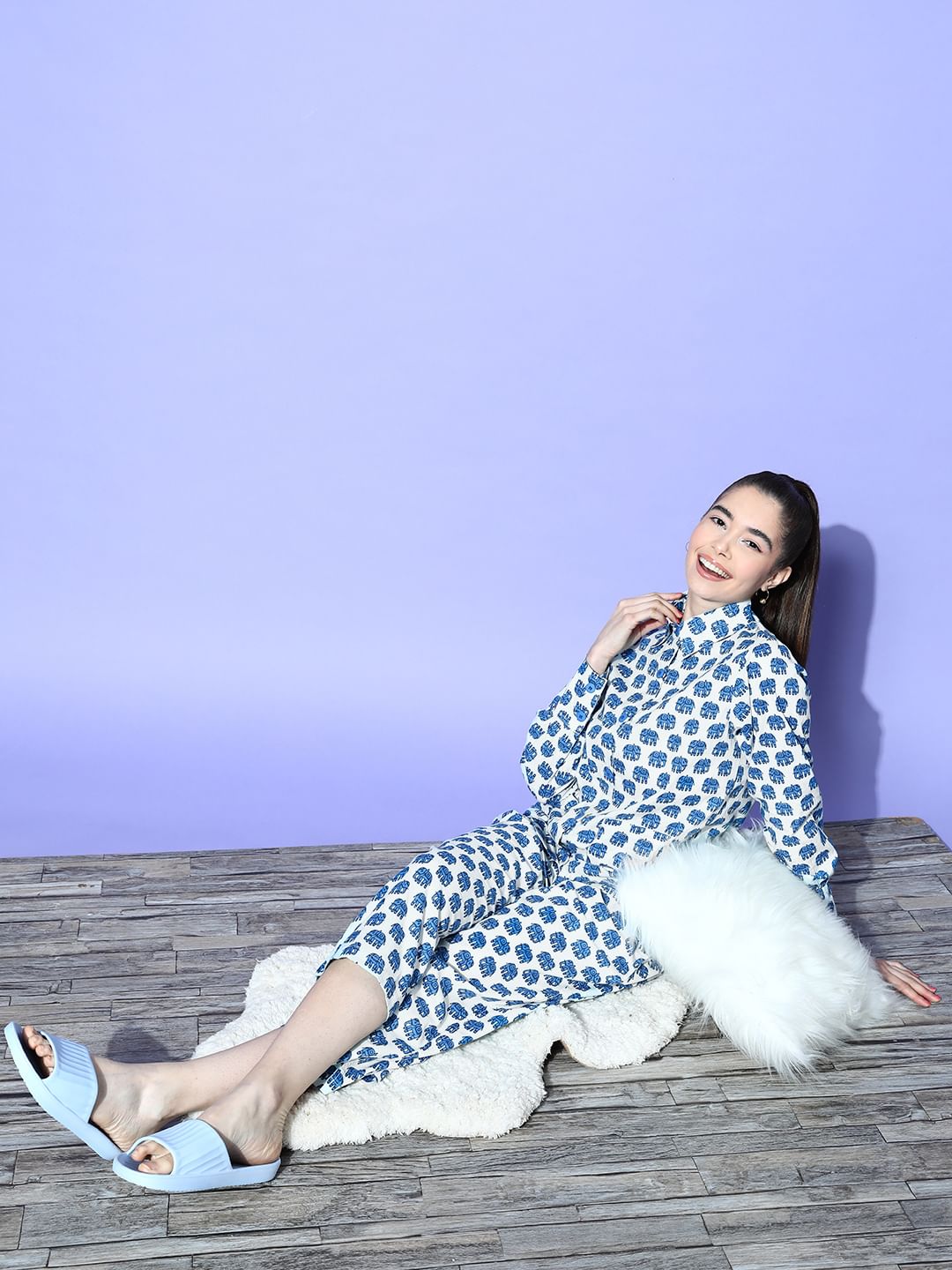 White and Blue Elephant Printed Night Suit