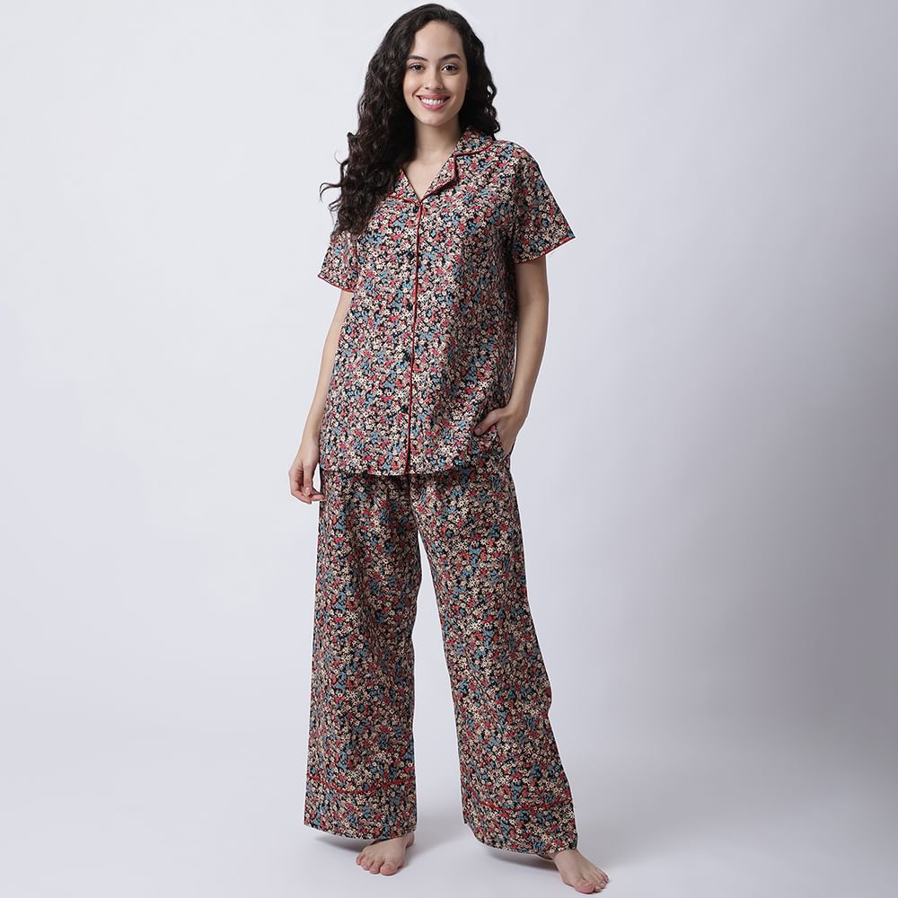 Cotton Floral Printed Night Suit set of Shirt & Pyjama trouser
