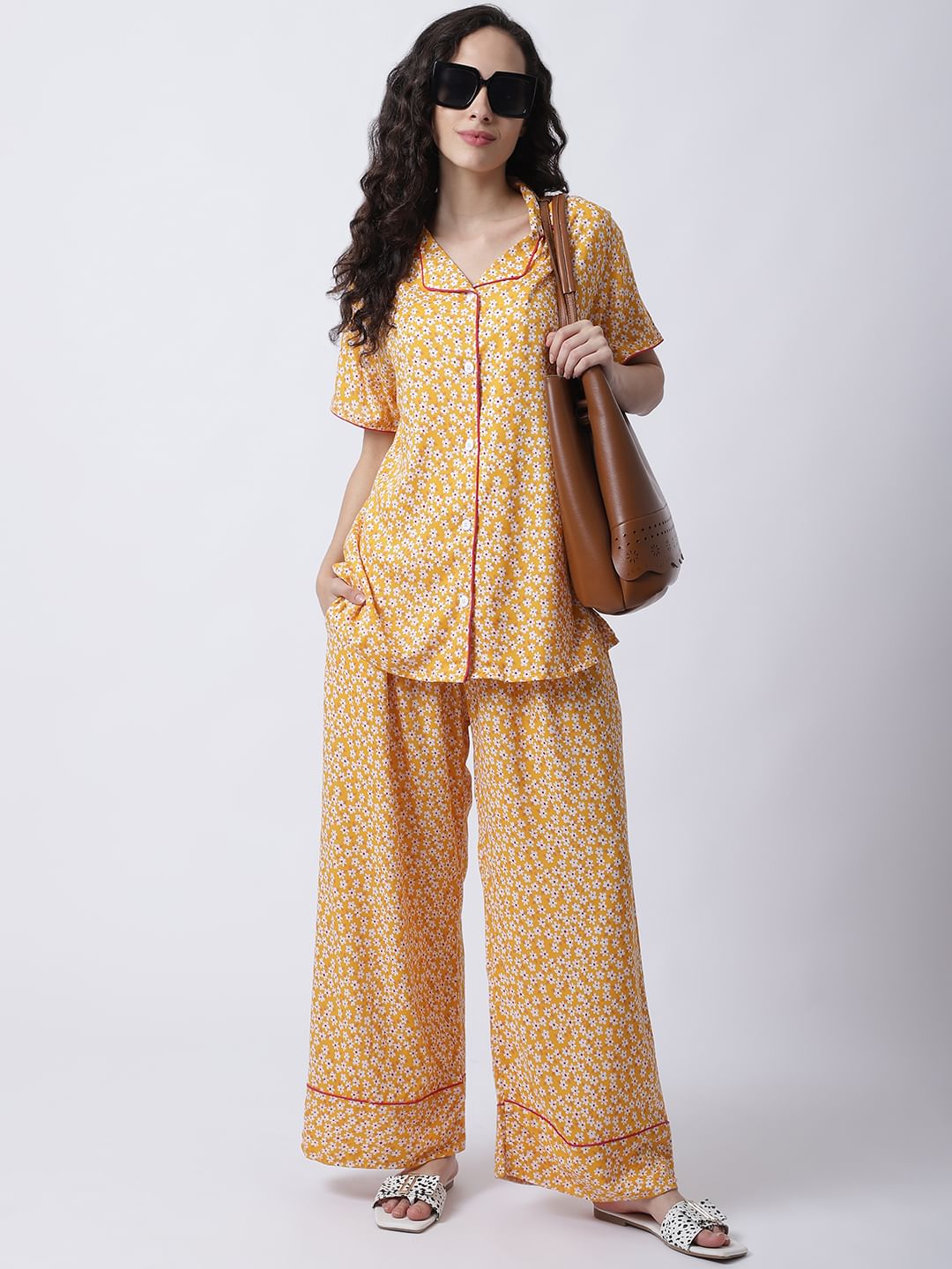 Rayon Yellow Floral Printed Night Suit set of Shirt & Pyjama trouser